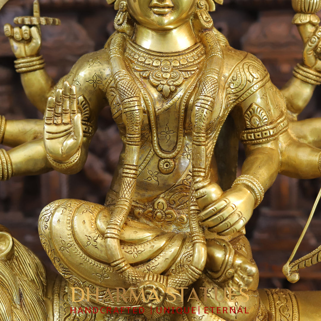 Brass Durga Idol, Seated on a lion, Fine Golden Work 25"