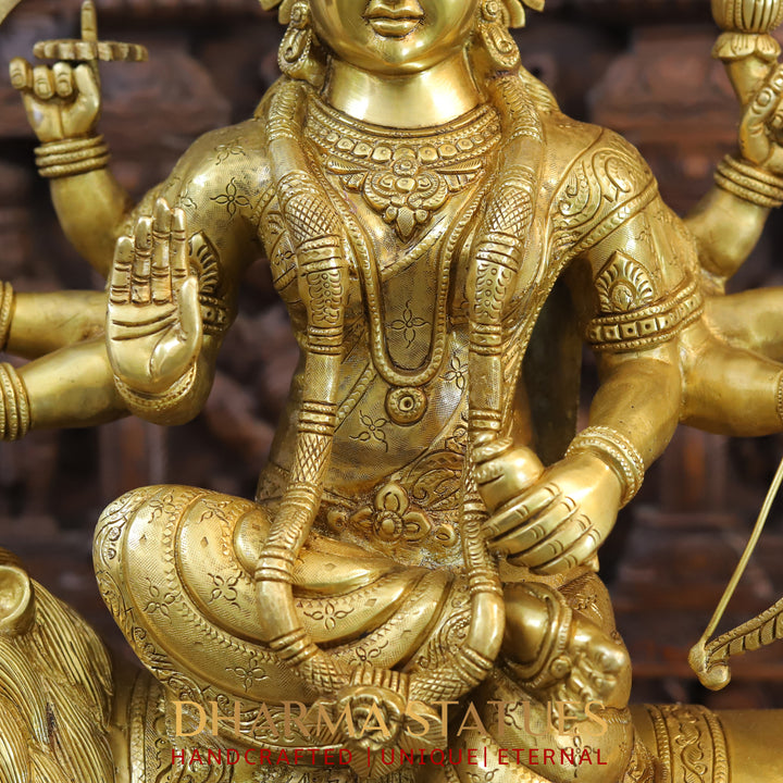 Brass Durga Idol, Seated on a lion, Fine Golden Work 25"