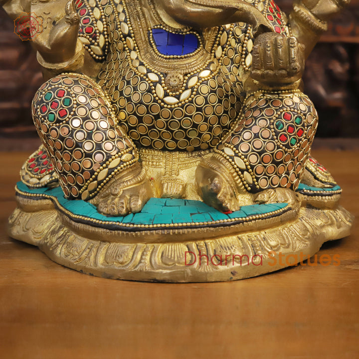 Brass Lord Ganesha Idol, Blessing Ganesha, Golden & Stone Work 11"