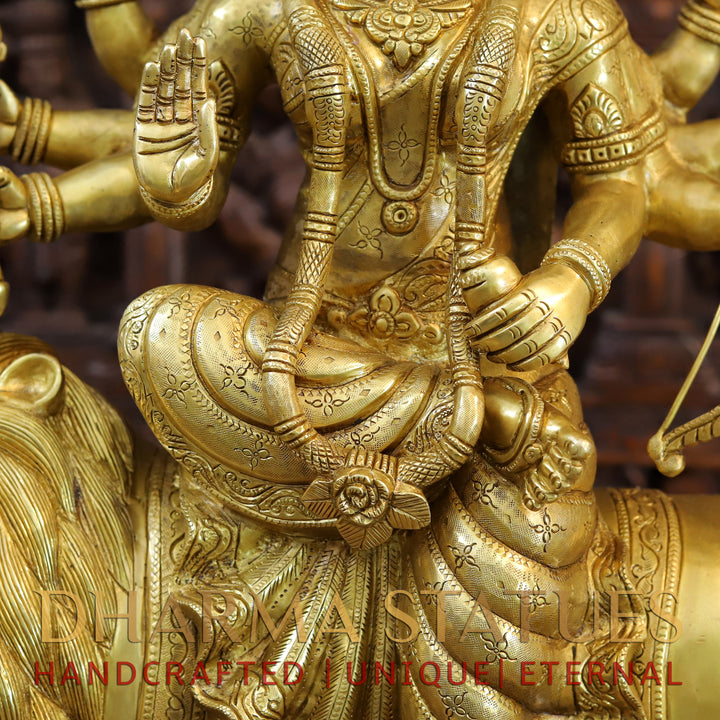 Brass Durga Idol, Seated on a lion, Fine Golden Work 25"