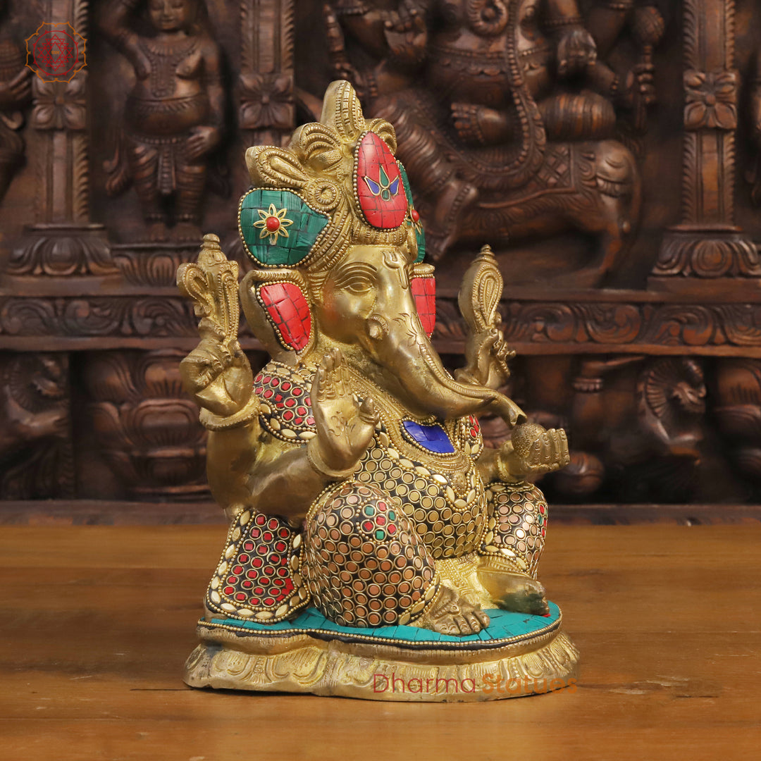 Brass Lord Ganesha Idol, Blessing Ganesha, Golden & Stone Work 11"