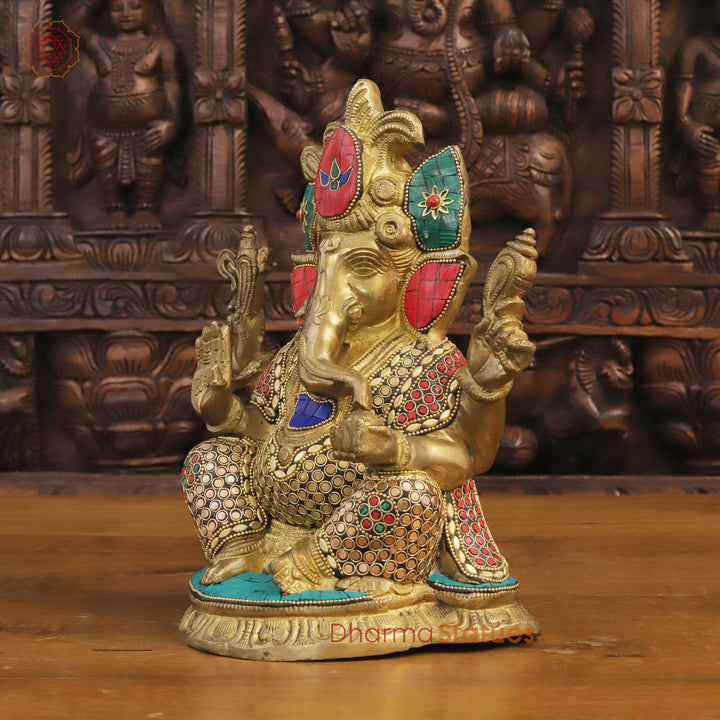 Brass Lord Ganesha Idol, Blessing Ganesha, Golden & Stone Work 11"