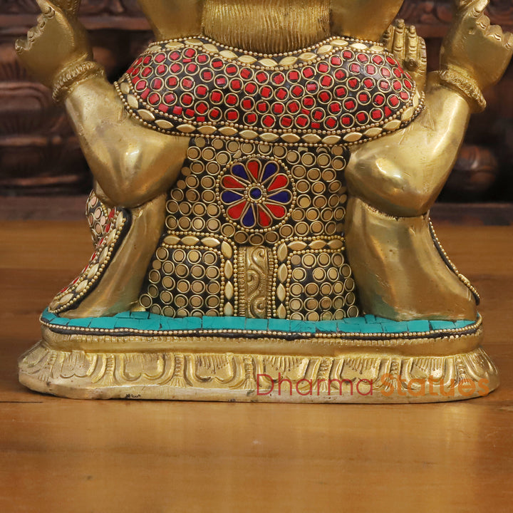 Brass Lord Ganesha Idol, Blessing Ganesha, Golden & Stone Work 11"