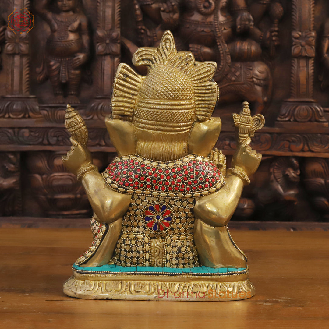 Brass Lord Ganesha Idol, Blessing Ganesha, Golden & Stone Work 11"