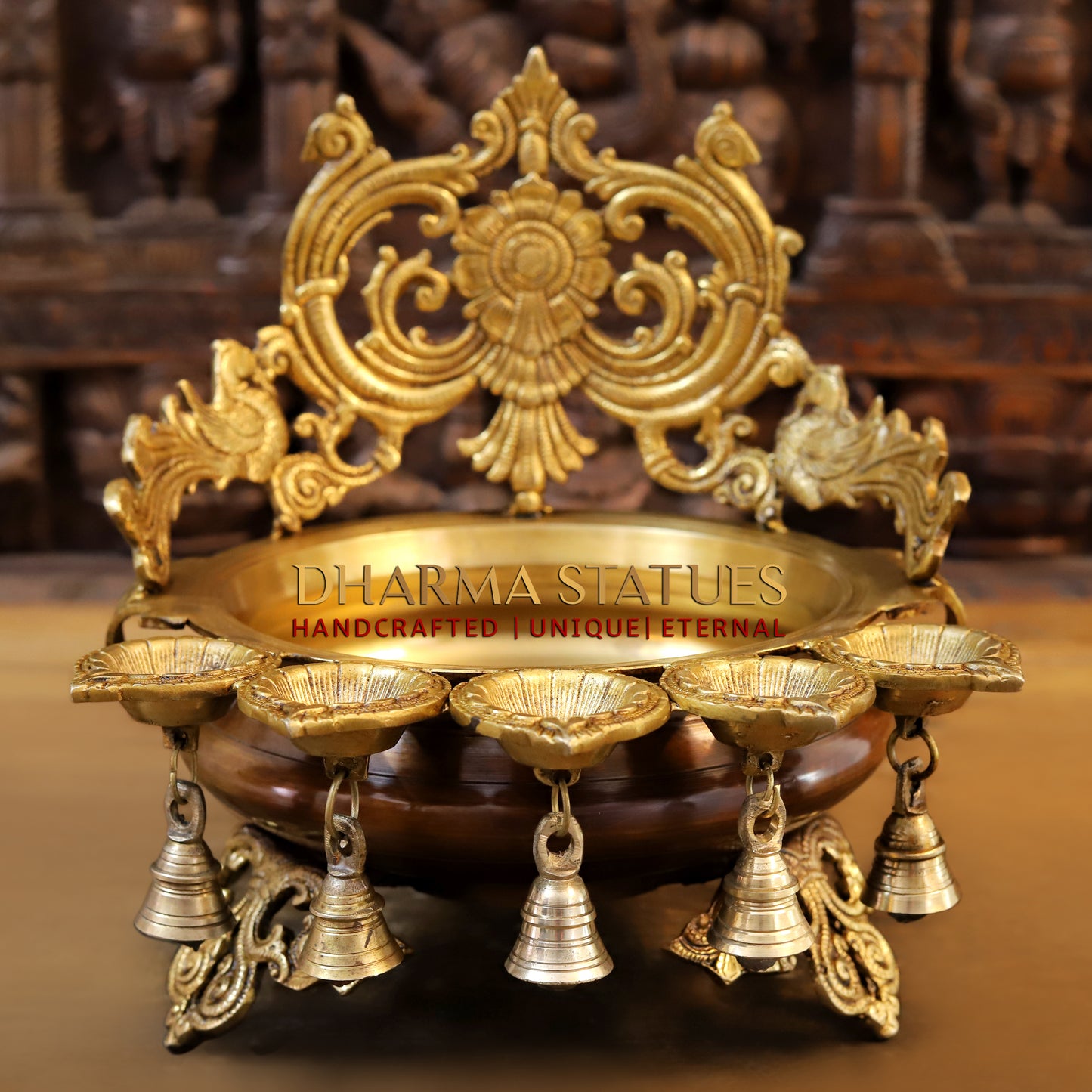 Brass Urli with 5 Diya, Golden Finish, 12.5"
