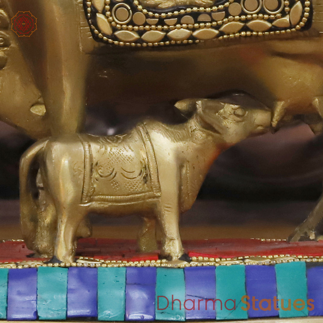 Brass Kamdhenu with Calf, Sacred Nurturance, Golden Finish with Stone Work 7"