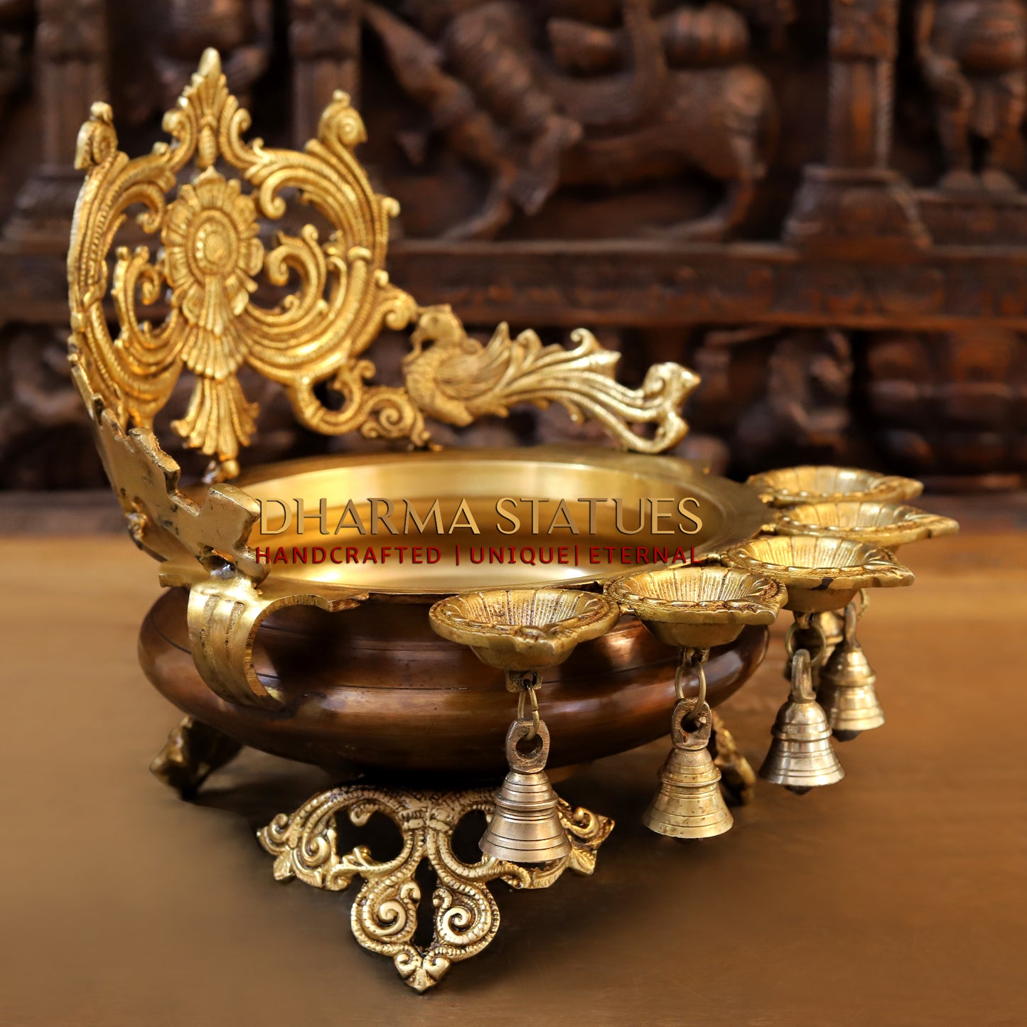 Brass Urli with 5 Diya, Golden Finish, 12.5"