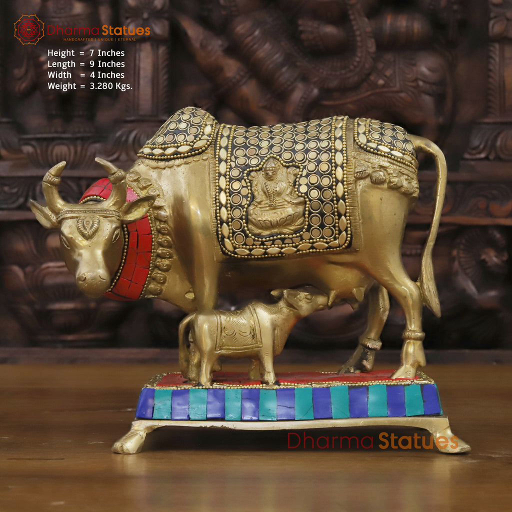 Brass Kamdhenu with Calf, Sacred Nurturance, Golden Finish with Stone Work 7"