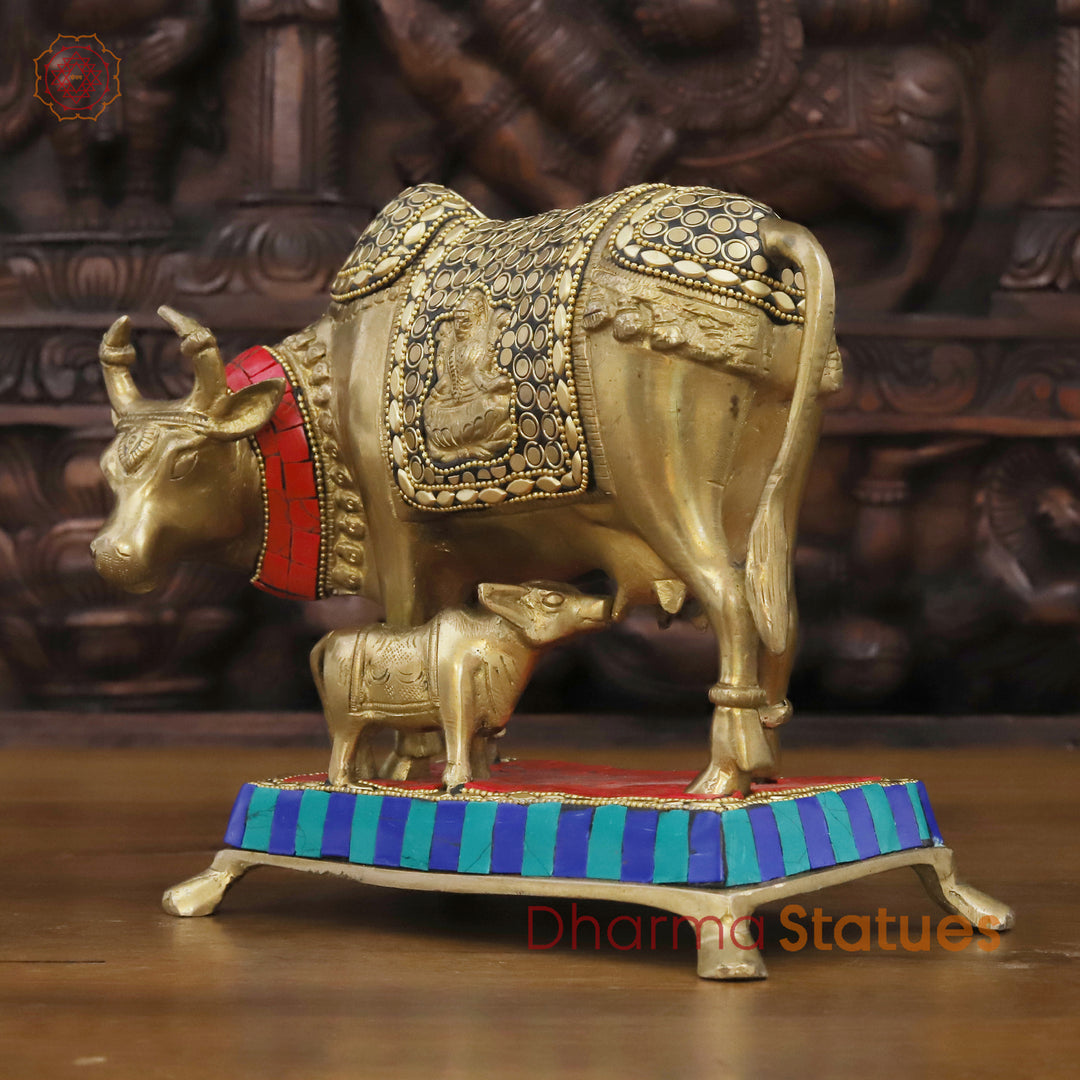 Brass Cow Idol, Cow Feeding Her Calf Statue, Golden & Stone Work 7"