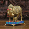 Brass Kamdhenu with Calf, Sacred Nurturance, Golden Finish with Stone Work 7"