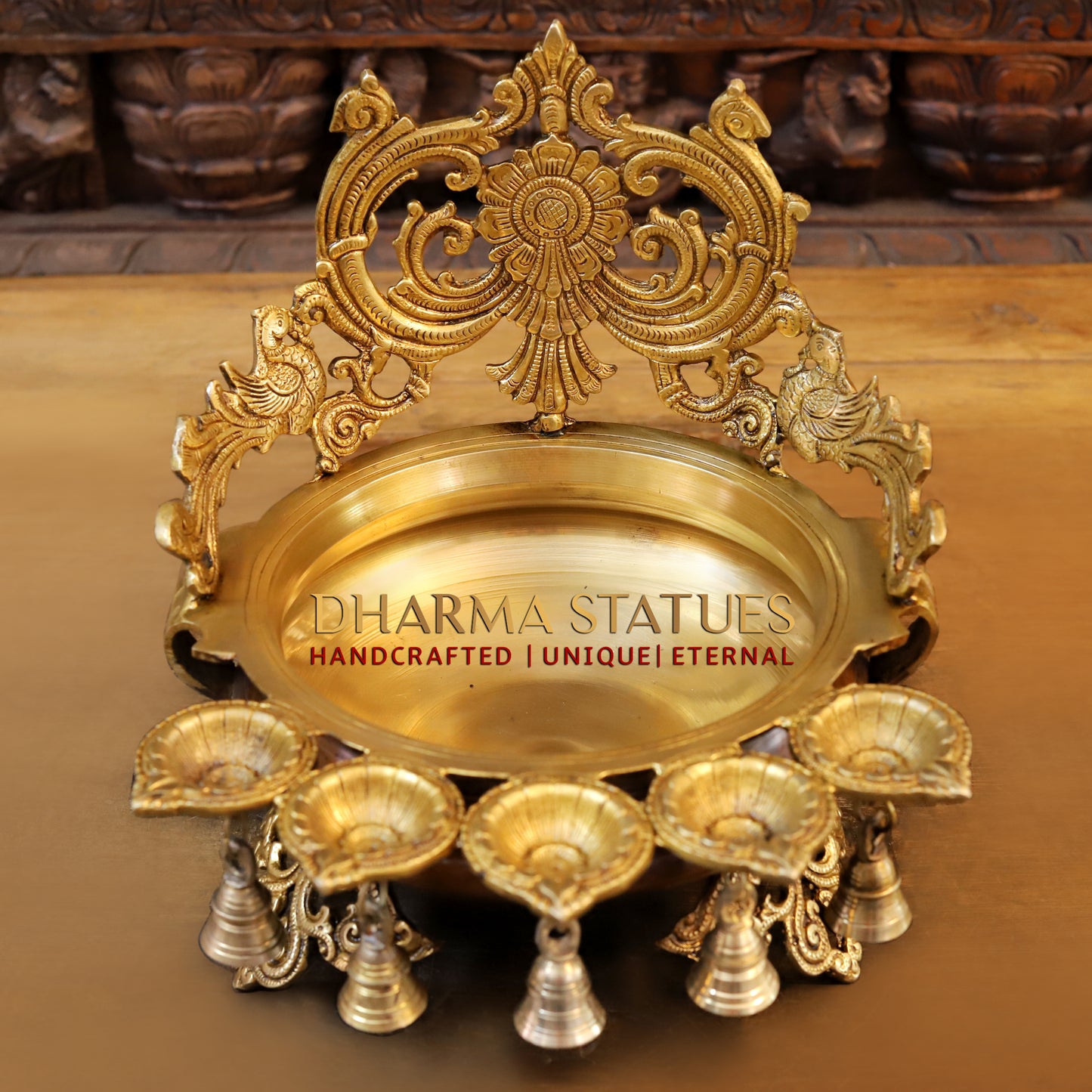 Brass Urli with 5 Diya, Golden Finish, 12.5"