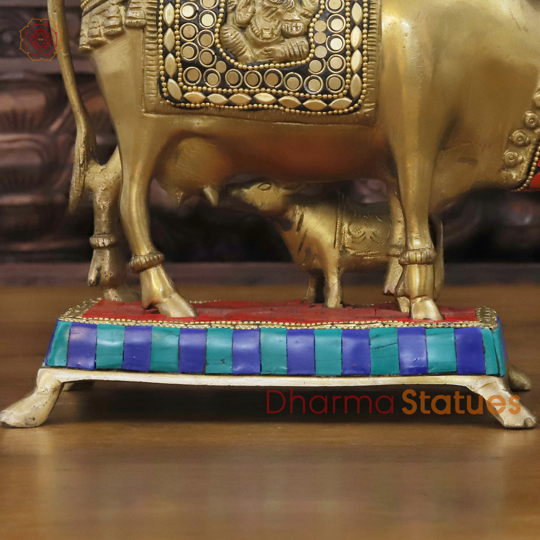 Brass Cow Idol, Cow Feeding Her Calf Statue, Golden & Stone Work 7"