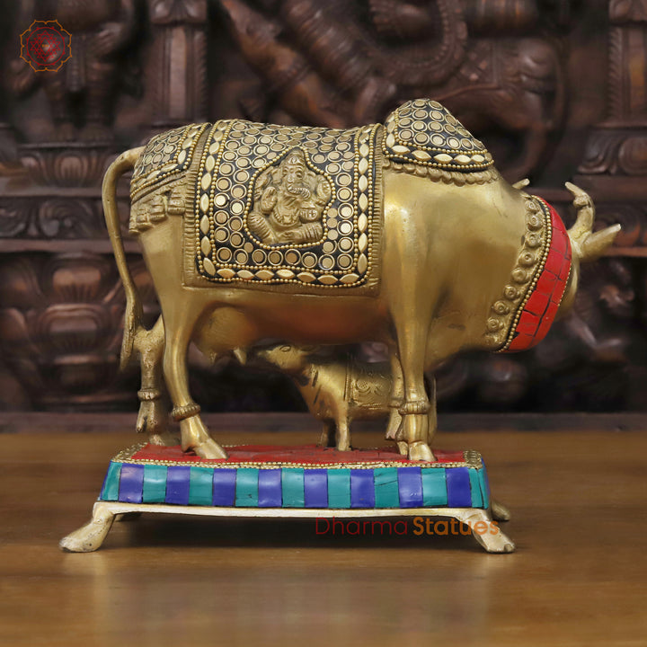 Brass Kamdhenu with Calf, Sacred Nurturance, Golden Finish with Stone Work 7"