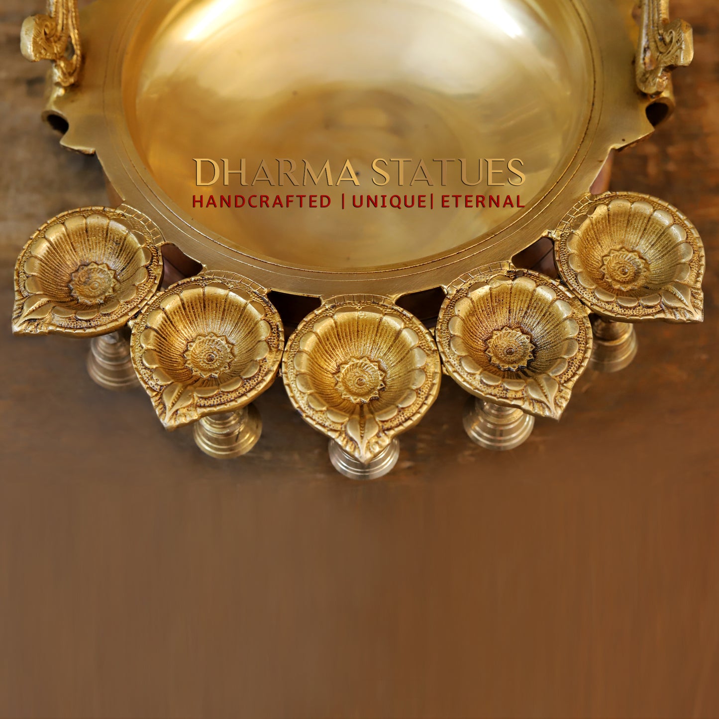Brass Urli with 5 Diya, Golden Finish, 12.5"