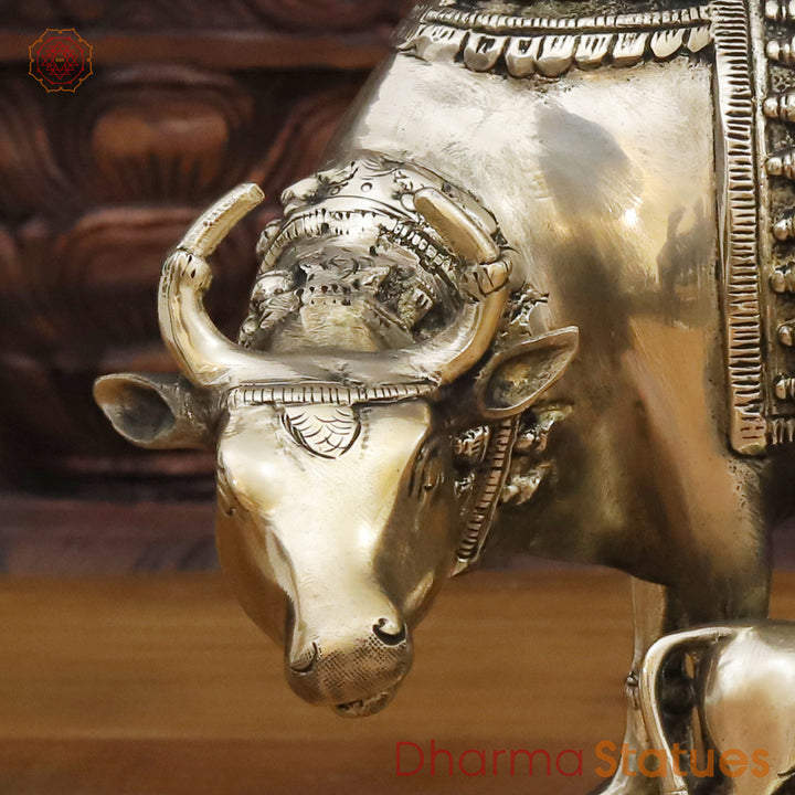 Brass Cow Idol, Lakshmi Engraved On Cow, Golden Finish 8"