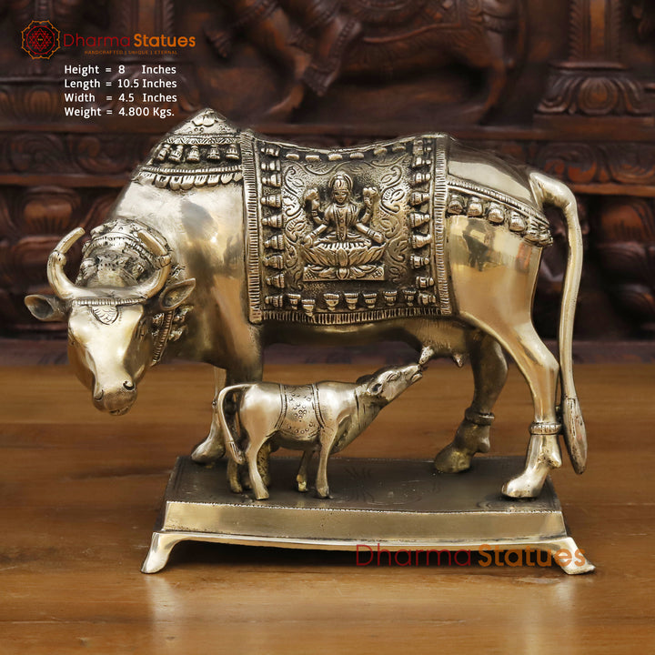 Brass Cow Idol, Lakshmi Engraved On Cow, Golden Finish 8"