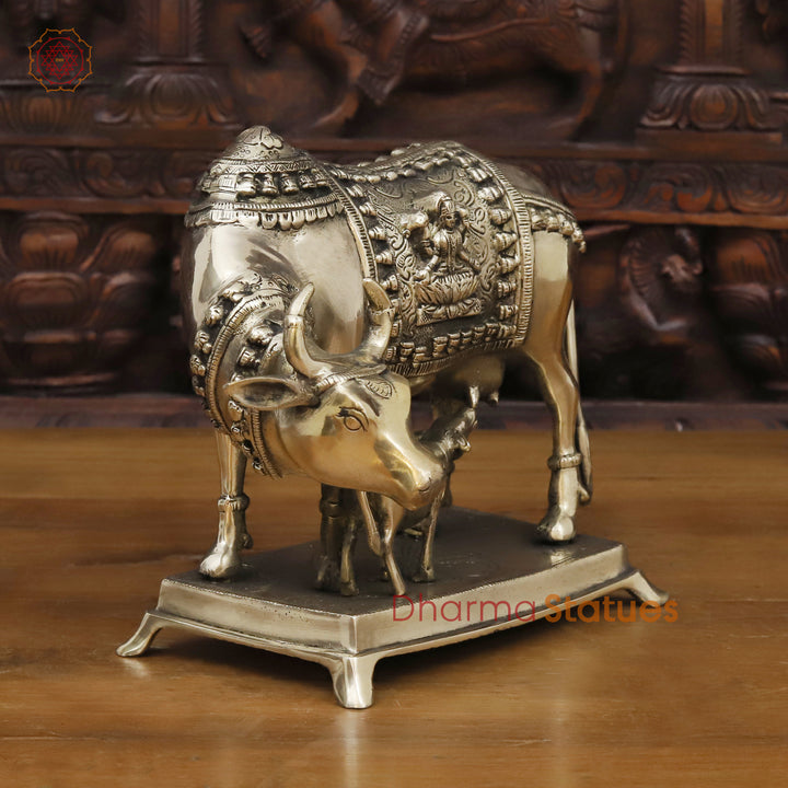 Brass Cow Idol, Lakshmi Engraved On Cow, Golden Finish 8"