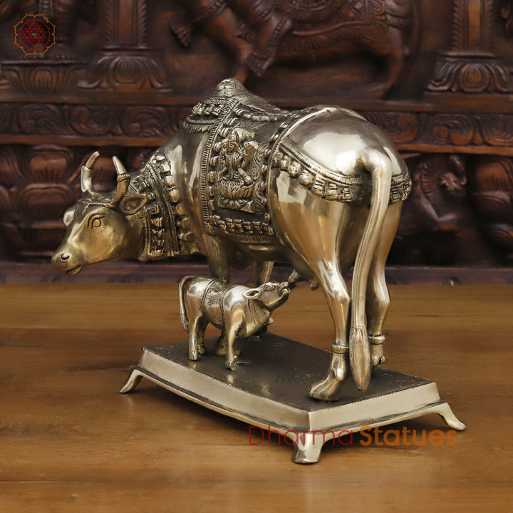 Brass Cow Idol, Lakshmi Engraved On Cow, Golden Finish 8"