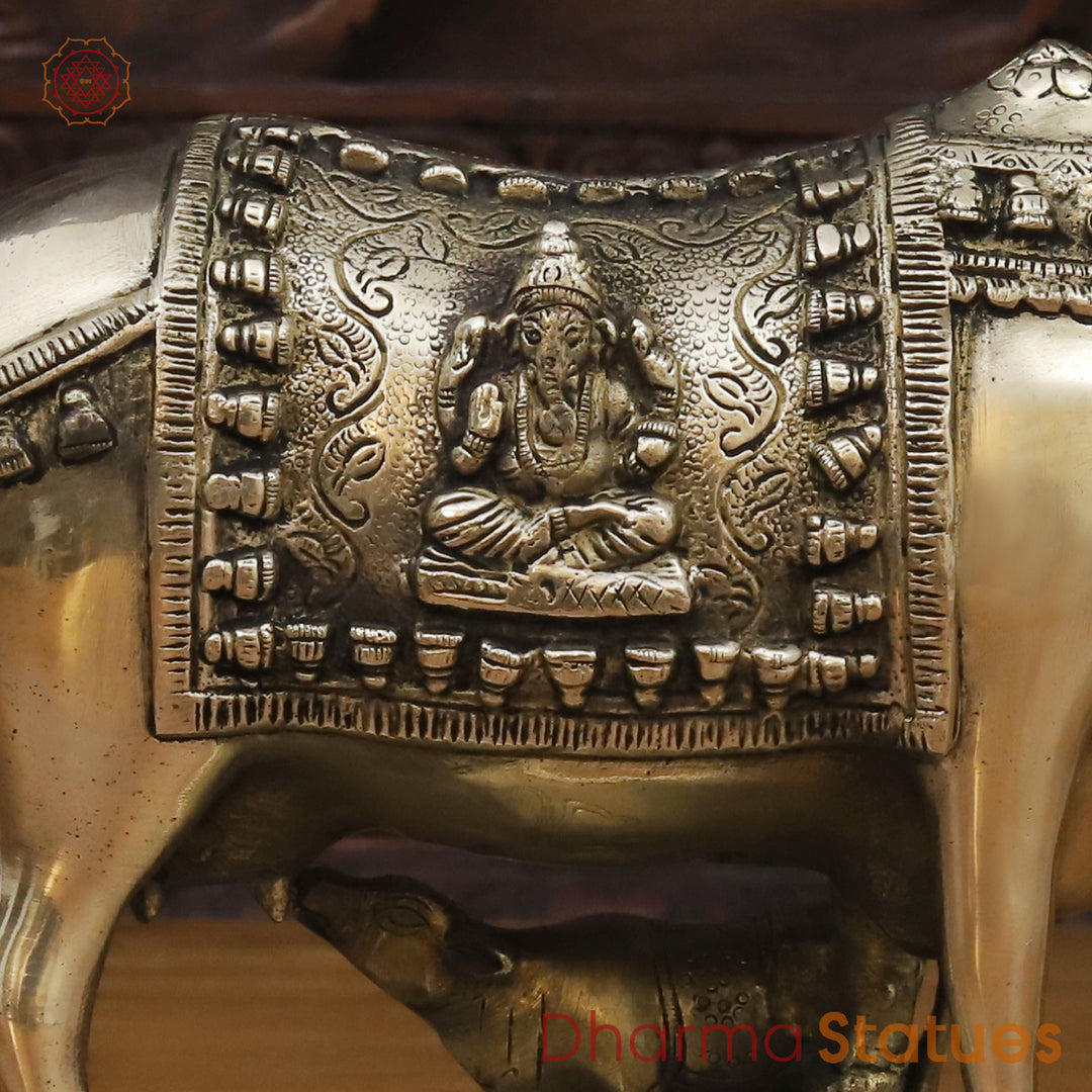 Brass Cow Idol, Lakshmi Engraved On Cow, Golden Finish 8"