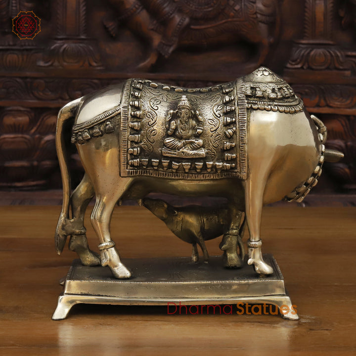 Brass Cow Idol, Lakshmi Engraved On Cow, Golden Finish 8"