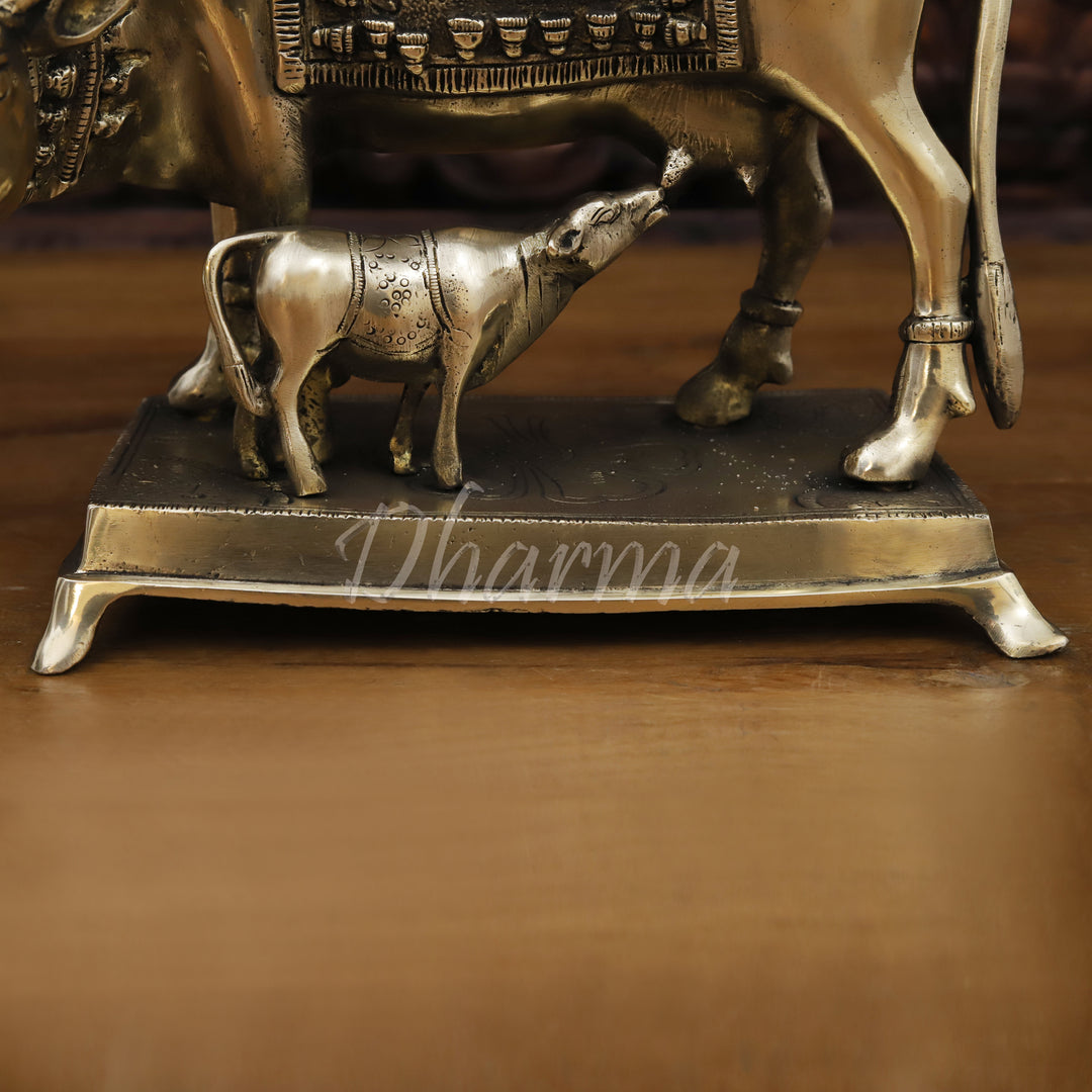 Brass Cow Idol, Lakshmi Engraved On Cow, Golden Finish 8"