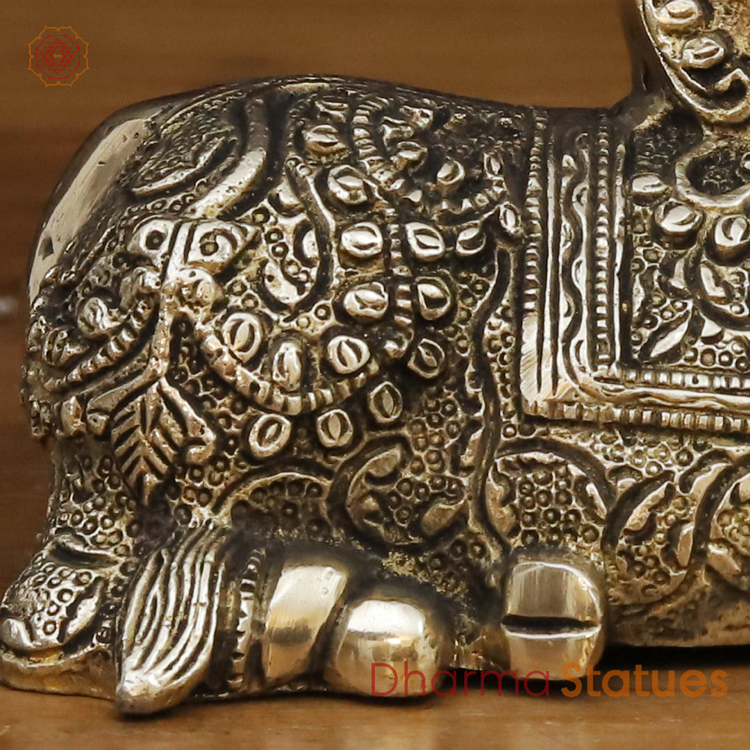 Brass Nandi Statue,  Handcrafted with Exquisite Craftsmanship,  Golden Finish 4.5"