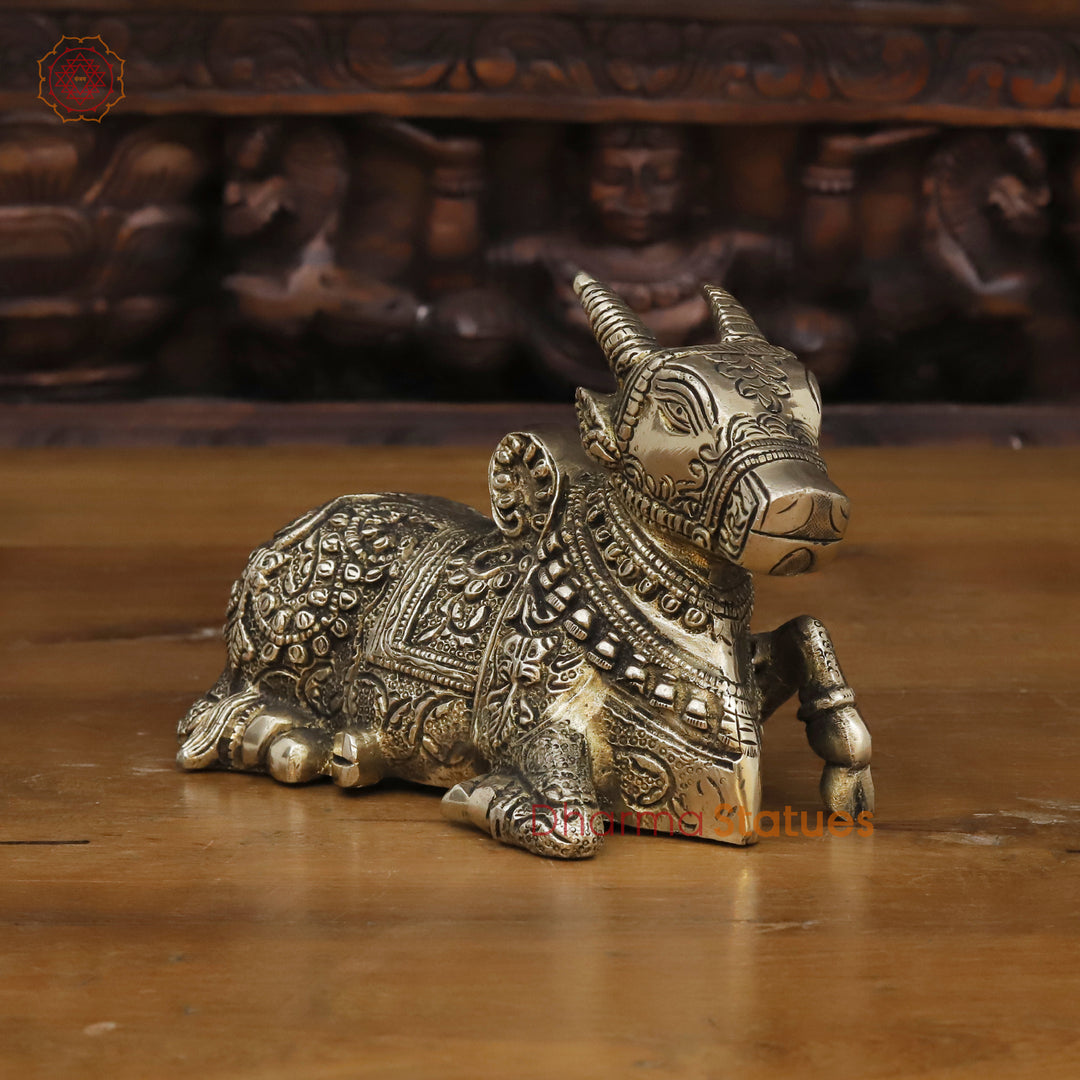 Brass Nandi Statue,  Handcrafted with Exquisite Craftsmanship,  Golden Finish 4.5"