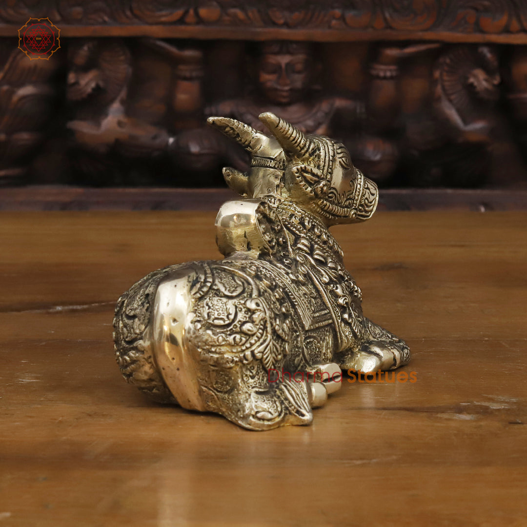 Brass Nandi Statue,  Handcrafted with Exquisite Craftsmanship,  Golden Finish 4.5"