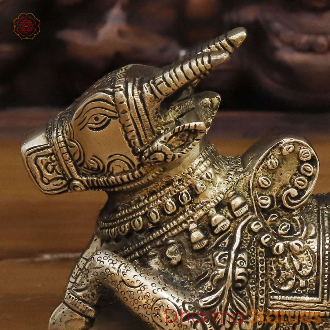 Brass Nandi Statue,  Handcrafted with Exquisite Craftsmanship,  Golden Finish 4.5"