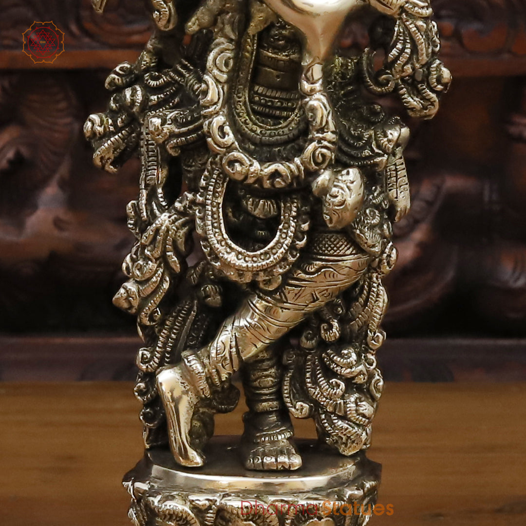 Brass Lord Krishna Idol, Playing Flute, Golden Finish & HandCrafted Work, 12"