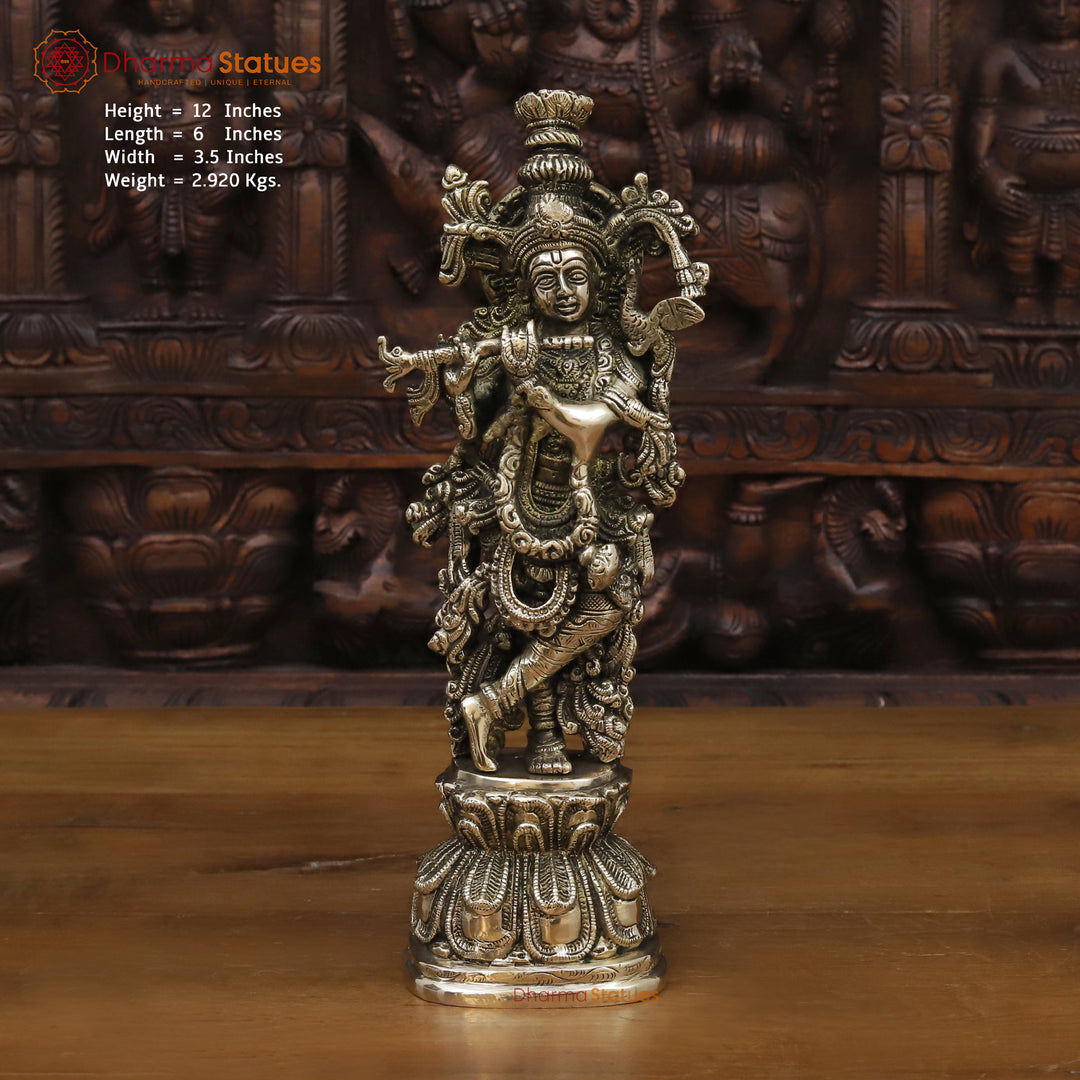 Brass Lord Krishna Playing Flute Idol, Handcrafted Fine Work Golden Finish 12" Front View