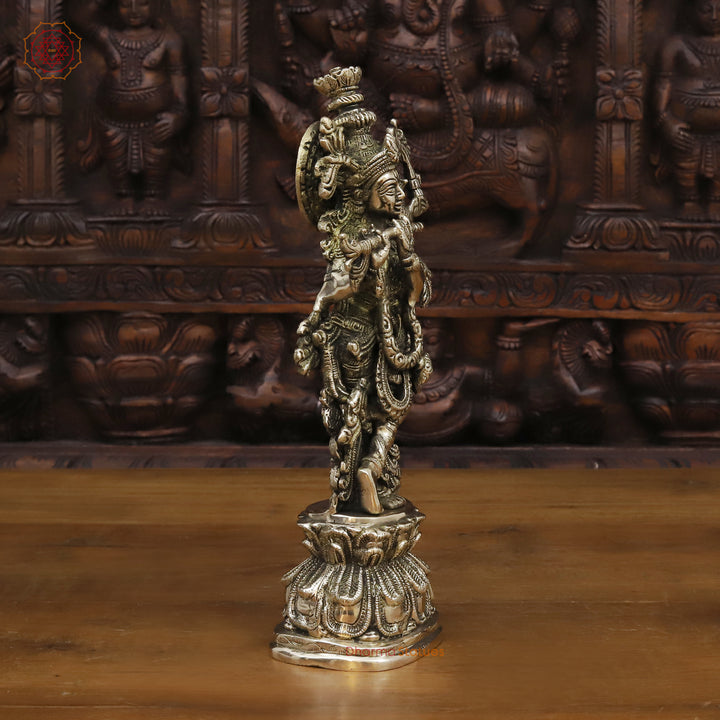 Brass Lord Krishna Idol, Playing Flute, Golden Finish & HandCrafted Work, 12"