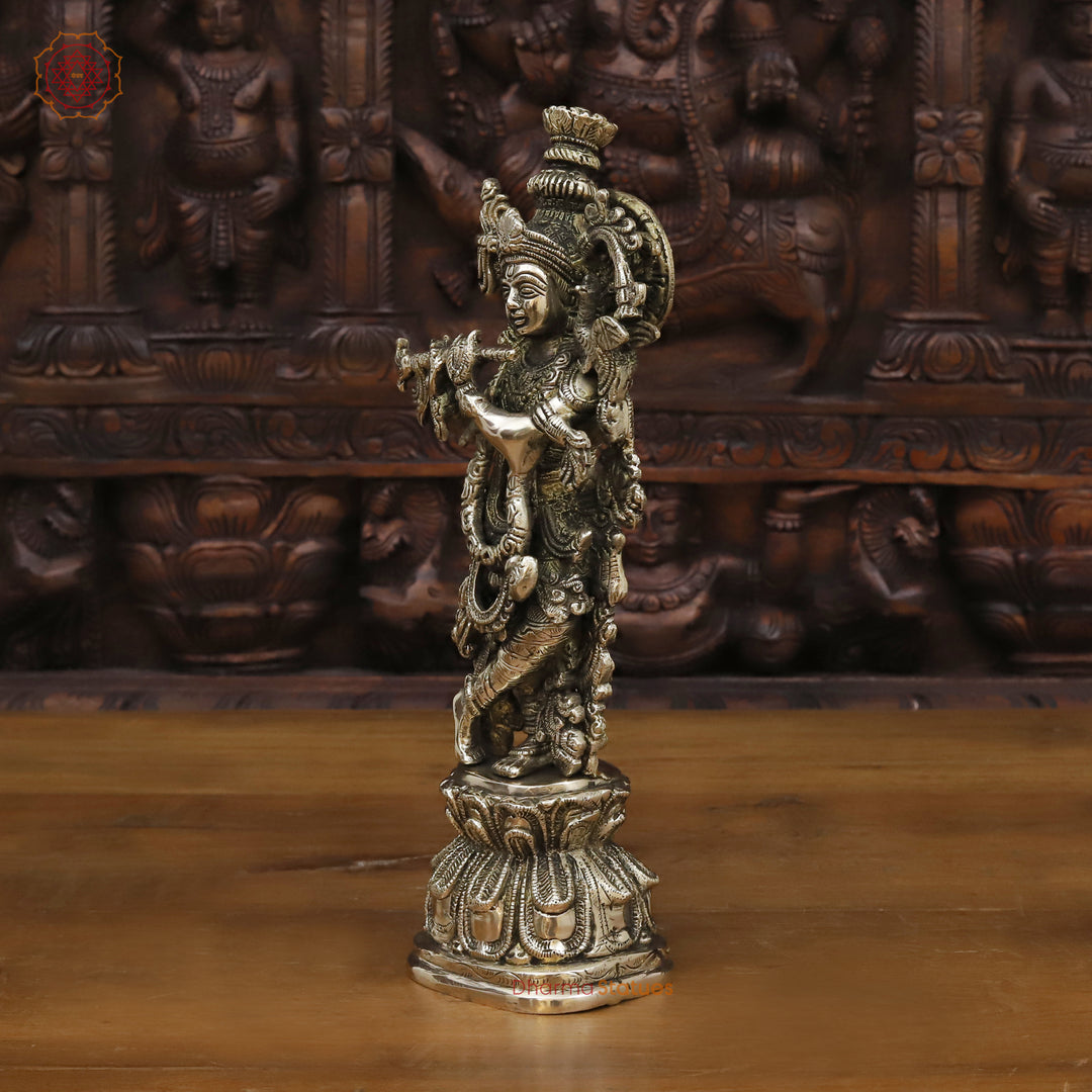 Brass Lord Krishna Idol, Playing Flute, Golden Finish & HandCrafted Work, 12"