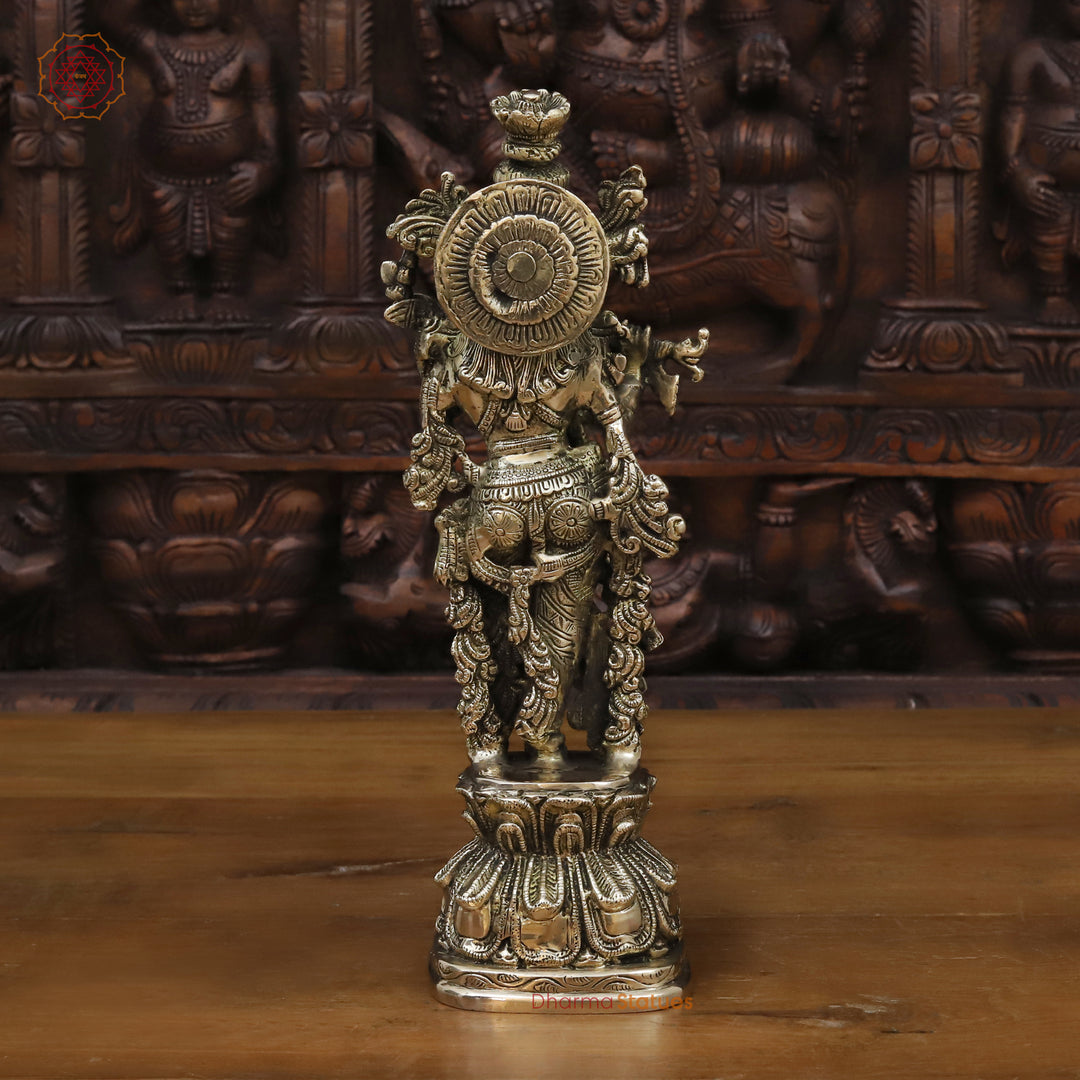 Brass Lord Krishna Idol, Playing Flute, Golden Finish & HandCrafted Work, 12"