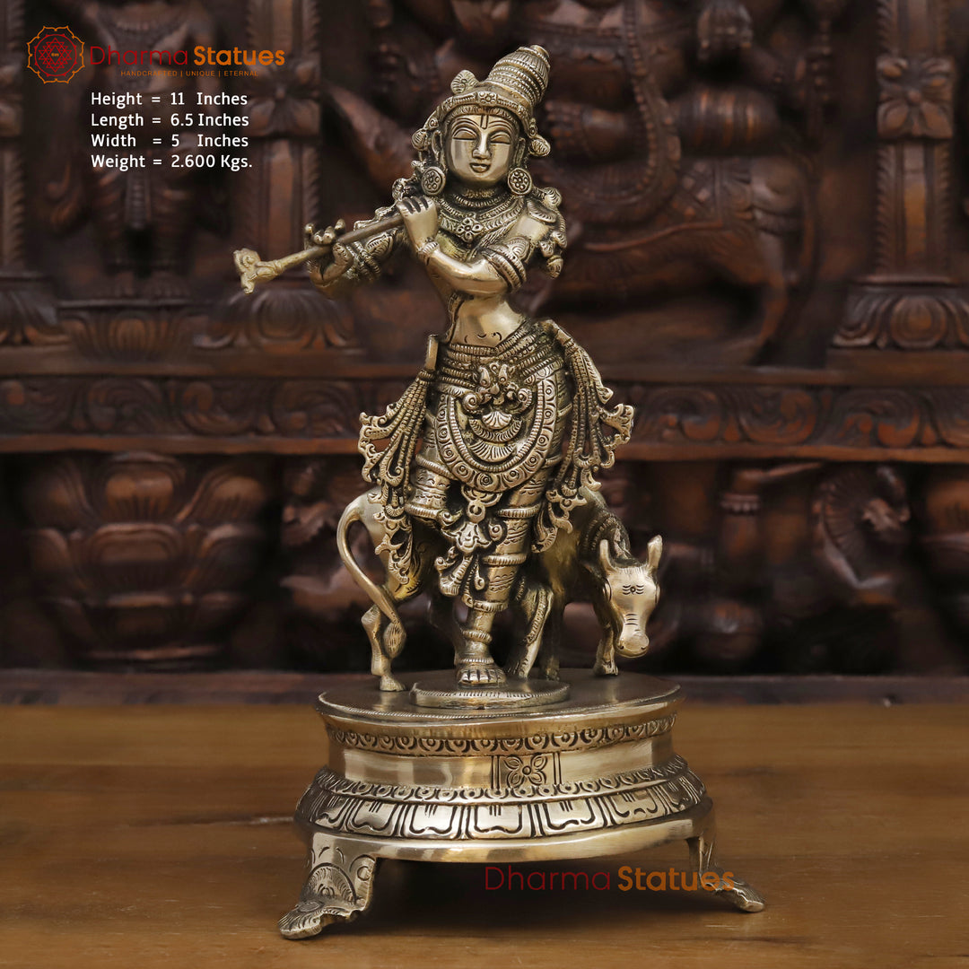 Brass Krishna Statue, Lord Krishna Playing Flute Besides Cow, Golden work 11" Front View