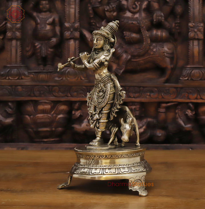 Brass Krishna Idol, Playing Flute Beside Cow, Golden work, 11"