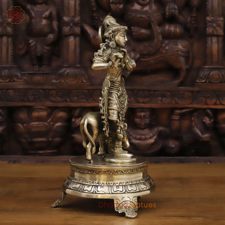 Brass Krishna Idol, Playing Flute Beside Cow, Golden work, 11"