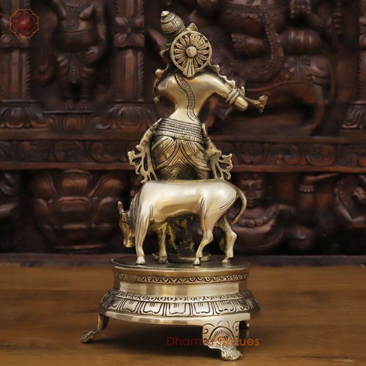 Brass Krishna Idol, Playing Flute Beside Cow, Golden work, 11"