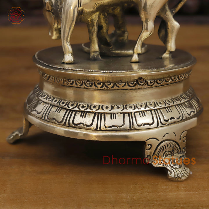 Brass Krishna Idol, Playing Flute Beside Cow, Golden work, 11"