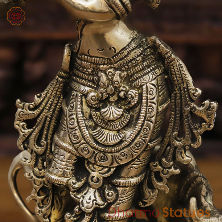 Brass Krishna Idol, Playing Flute Beside Cow, Golden work, 11"