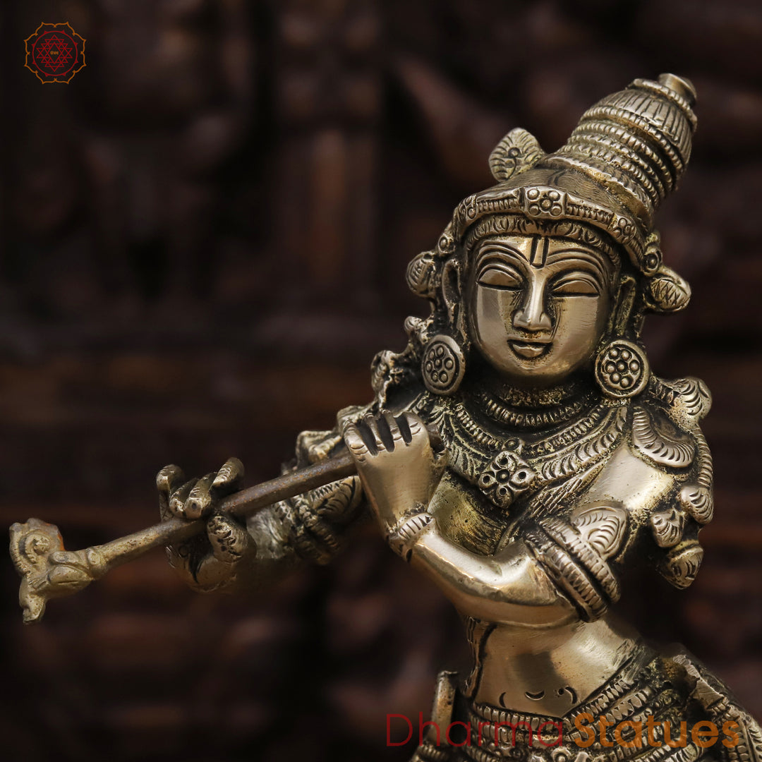 Brass Krishna Idol, Playing Flute Beside Cow, Golden work, 11"