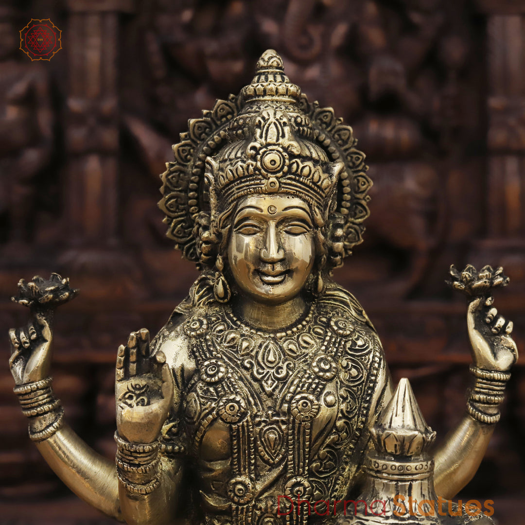 Brass Lakshmi Statue, On Lotus Pedastal , Golden Fine Finish 11.5"