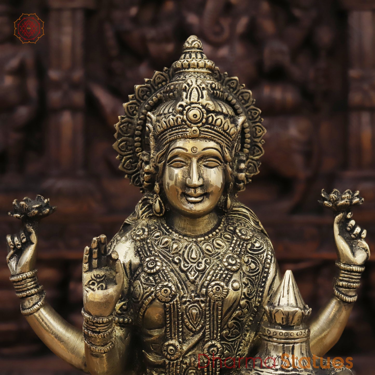 Brass Lakshmi Statue, On Lotus Pedastal , Golden Fine Finish 11.5"