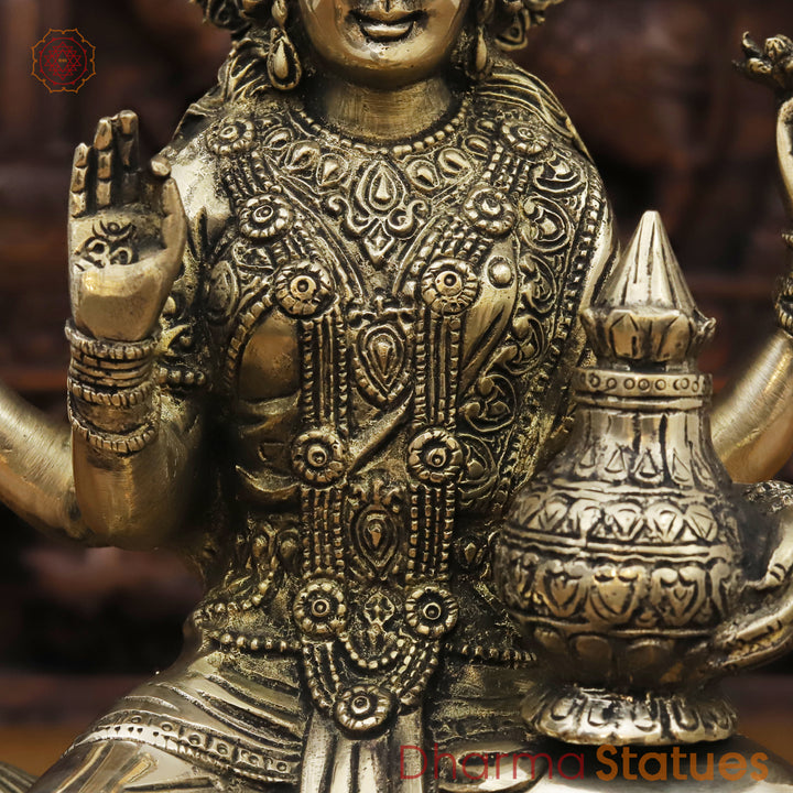 Brass Lakshmi Statue, On Lotus Pedastal , Golden Fine Finish 11.5"