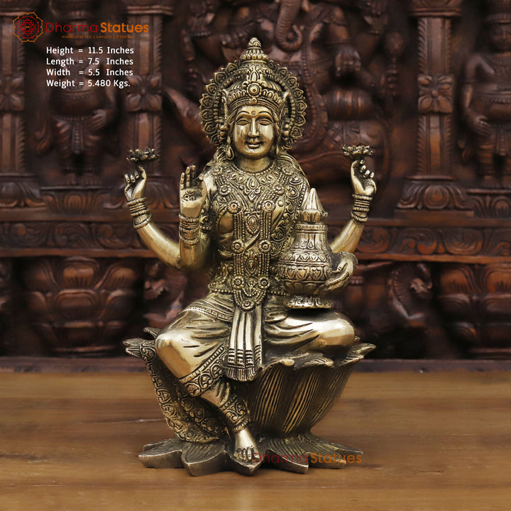 Brass Lakshmi Statue, On Lotus Pedastal , Golden Fine Finish 11.5"