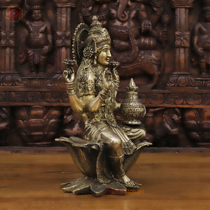 Brass Lakshmi Statue, On Lotus Pedastal , Golden Fine Finish 11.5"