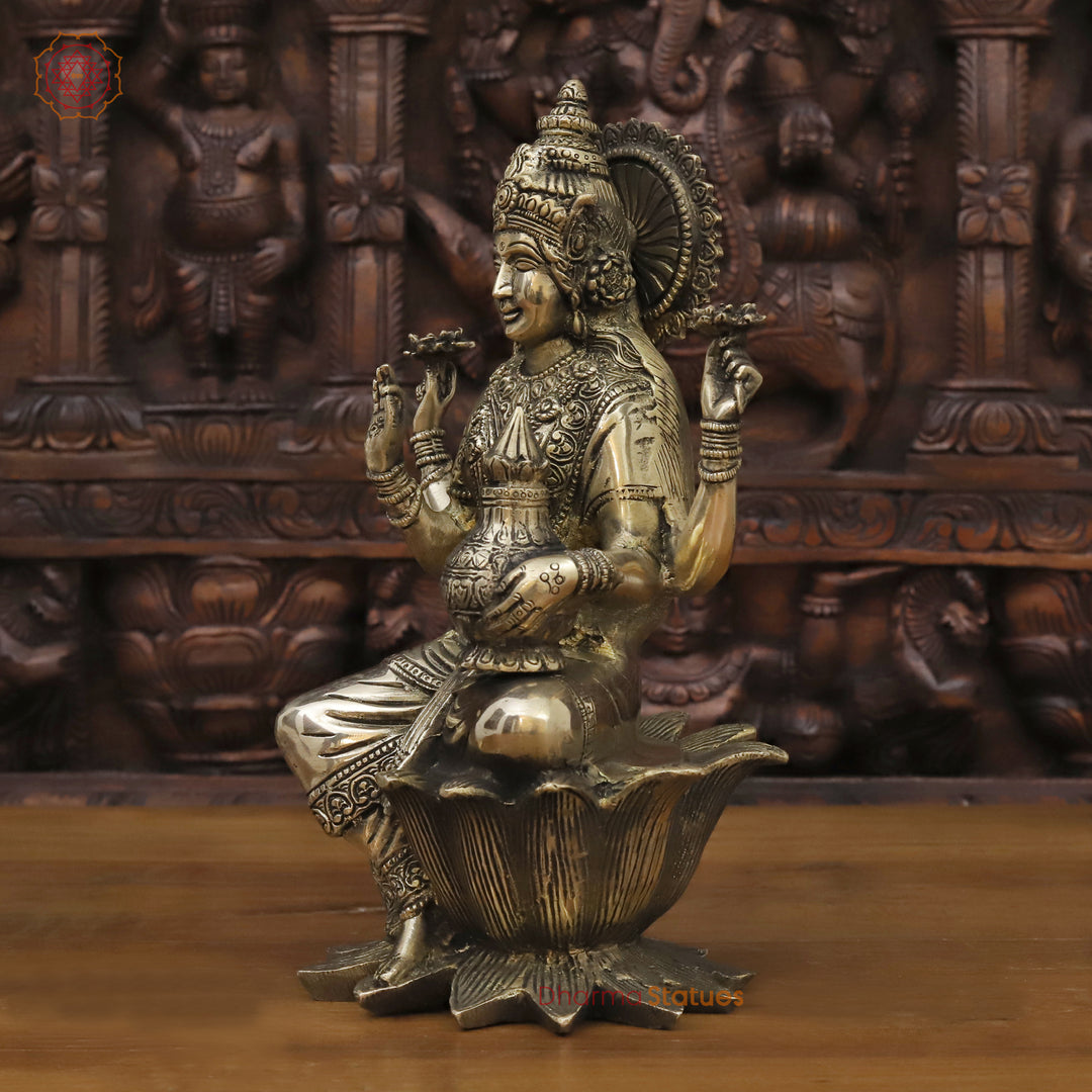 Brass Lakshmi Statue, On Lotus Pedastal , Golden Fine Finish 11.5"