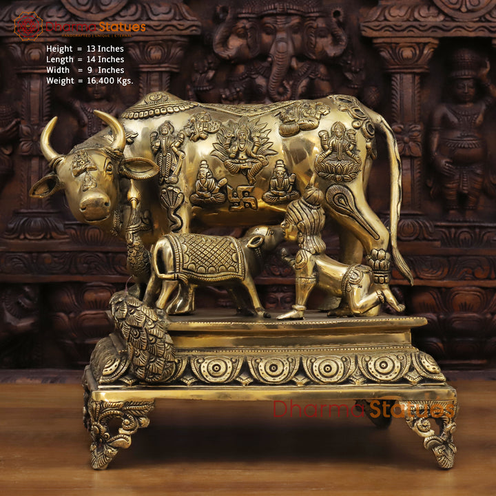 Brass Bal Krishna with Kamdhenu Cow, Blessings of Abundance, Golden Fine Finish, 13"