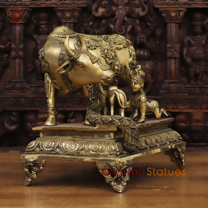 Brass Bal Krishna with Kamdhenu Cow, Blessings of Abundance, Golden Fine Finish, 13"