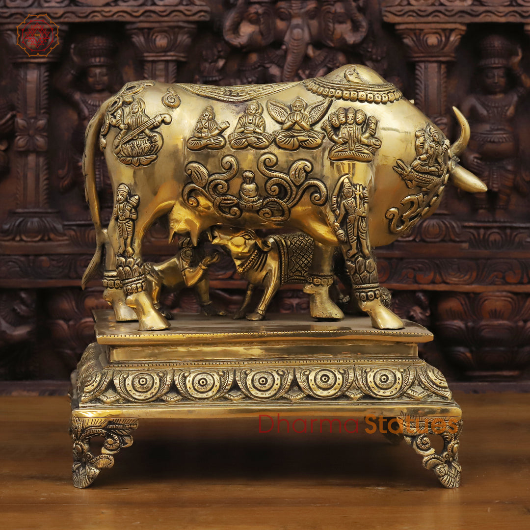 Brass Bal Krishna with Kamdhenu Cow, Blessings of Abundance, Golden Fine Finish, 13"